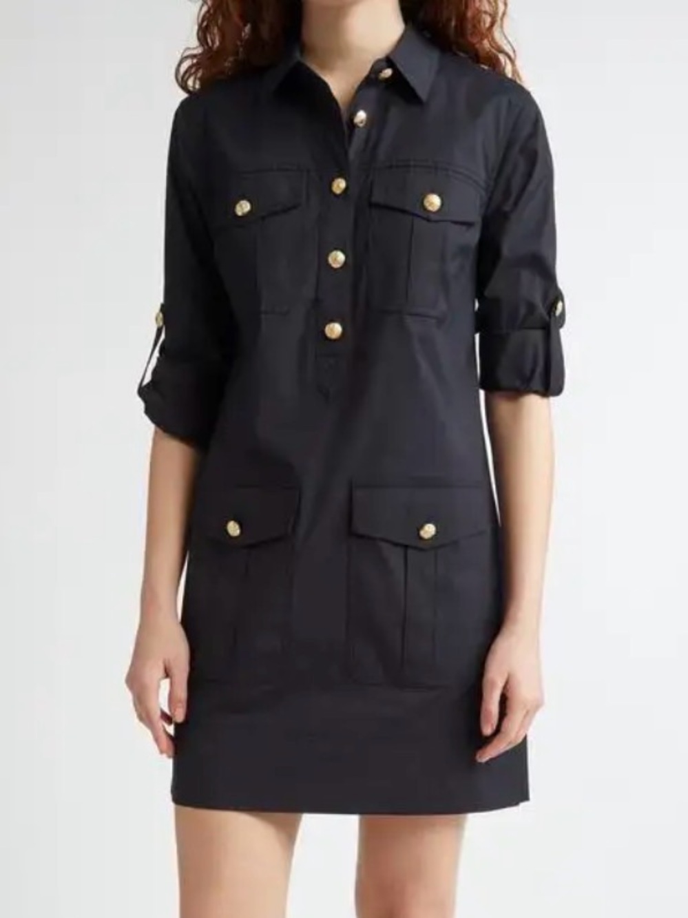 Veronica Beard Black Mini Utility Dress with Gold Buttons
